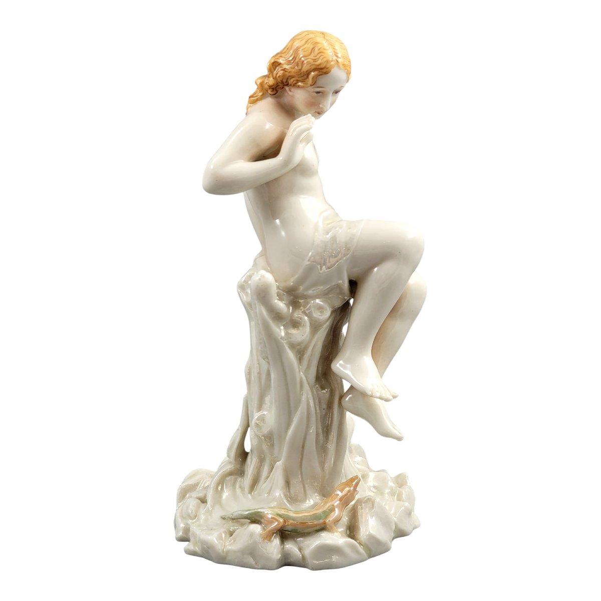 Royal Worcester, sculpture en porcelaine irisée d’une jeune femme avec lézard, vers 1870-photo-3