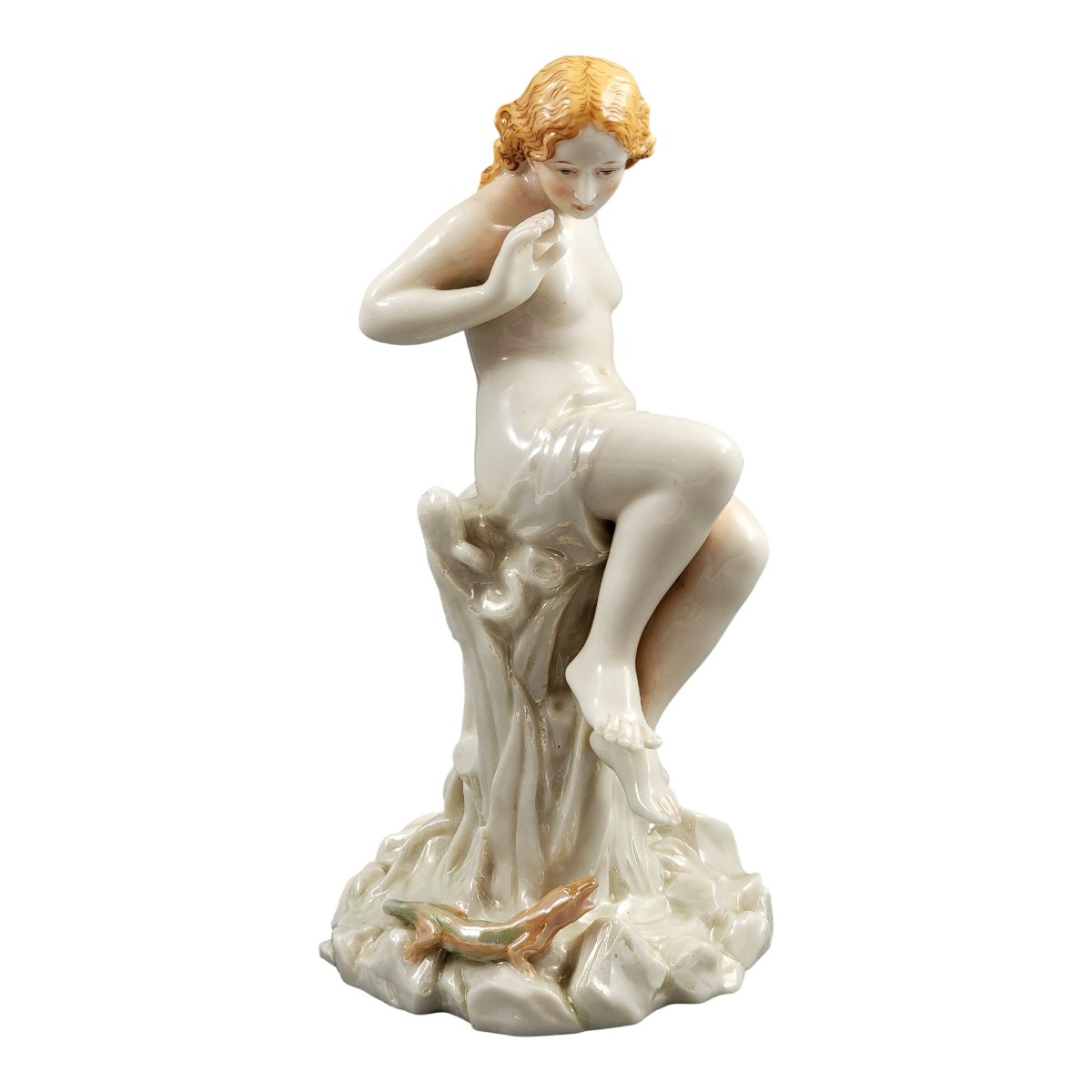 Royal Worcester, sculpture en porcelaine irisée d’une jeune femme avec lézard, vers 1870-photo-4