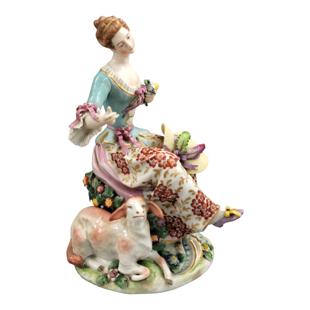 Figurine en porcelaine Samson, bergère au mouton, style Chelsea, vers 1870-photo-3