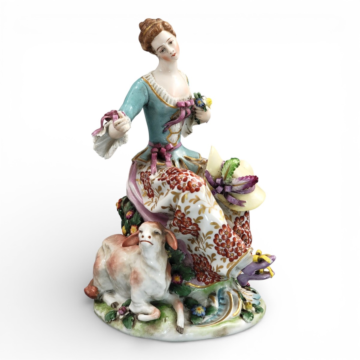 Figurine en porcelaine Samson, bergère au mouton, style Chelsea, vers 1870