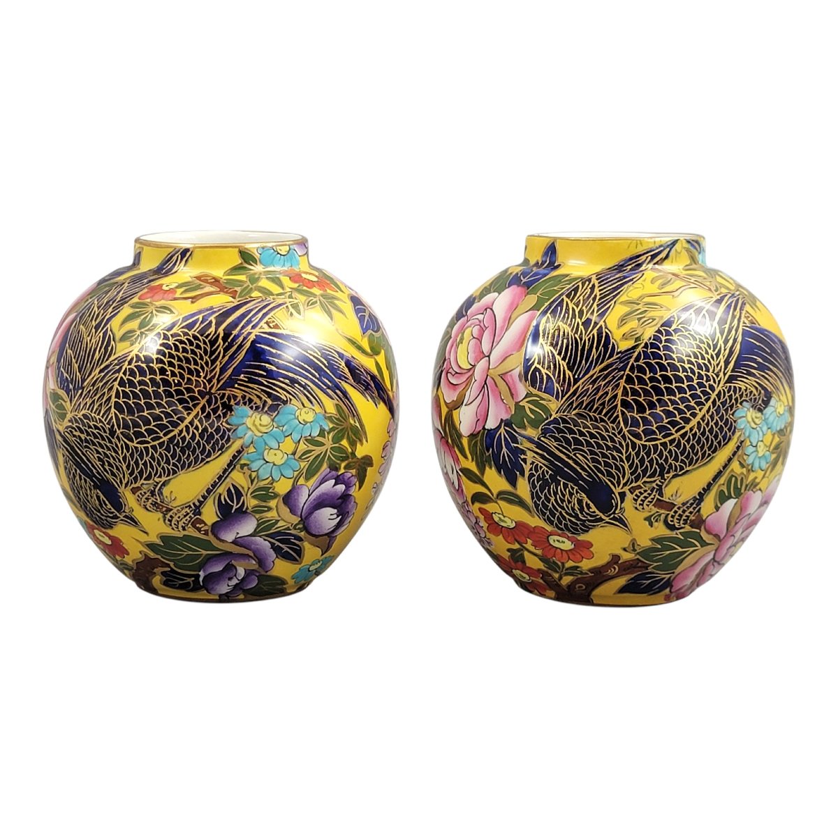 Pair Of Mason’s Patent Ironstone Posy Vases With Exotic Bird, Circa 1915-photo-3
