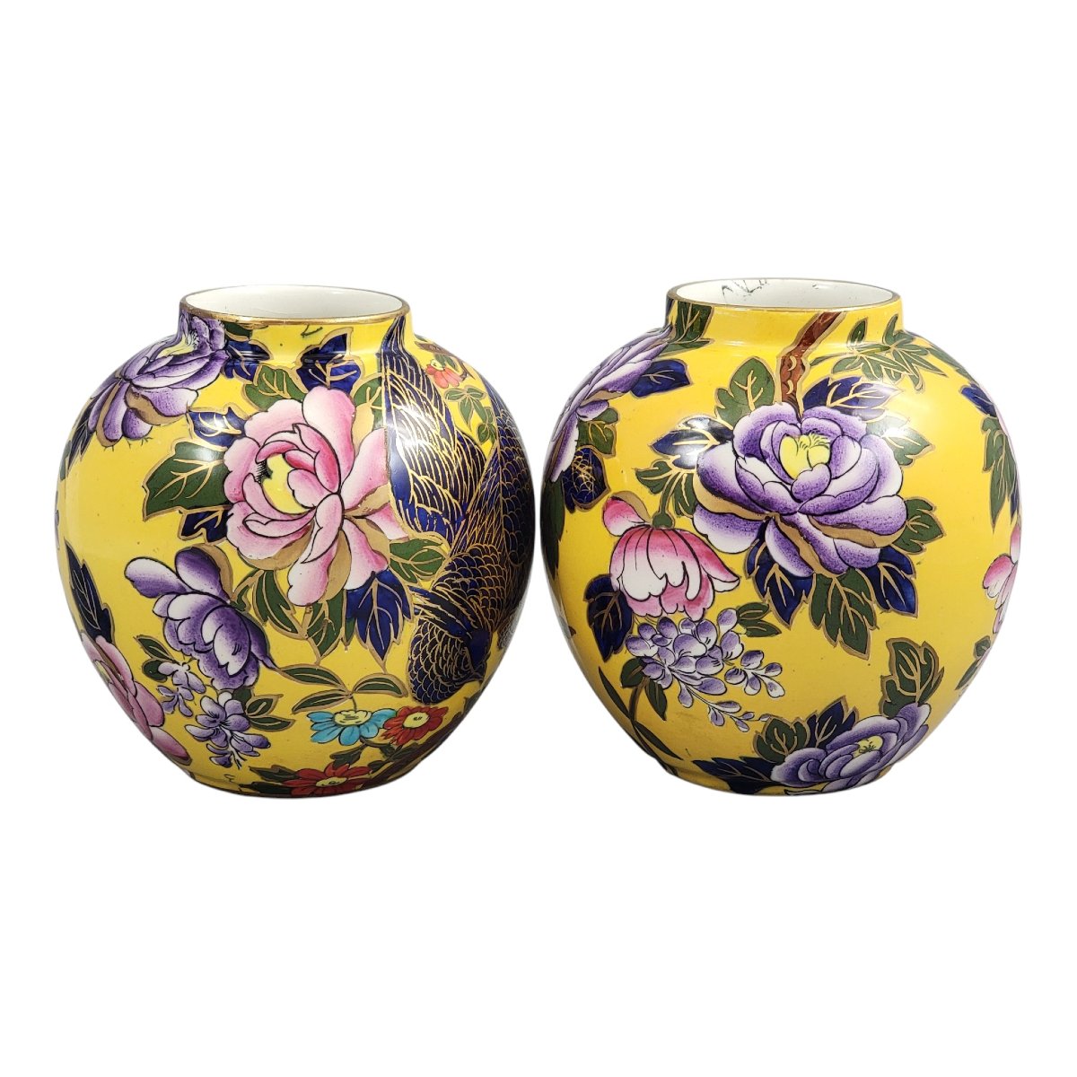 Pair Of Mason’s Patent Ironstone Posy Vases With Exotic Bird, Circa 1915-photo-1
