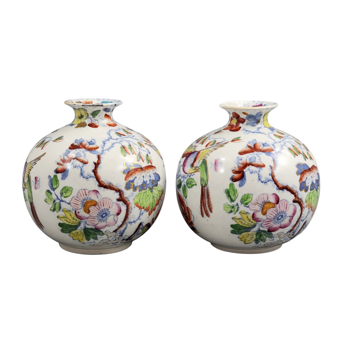 Pair Of Mason’s Ironstone Posy Vases In The Bird And Peony Pattern, Circa 1900-photo-2