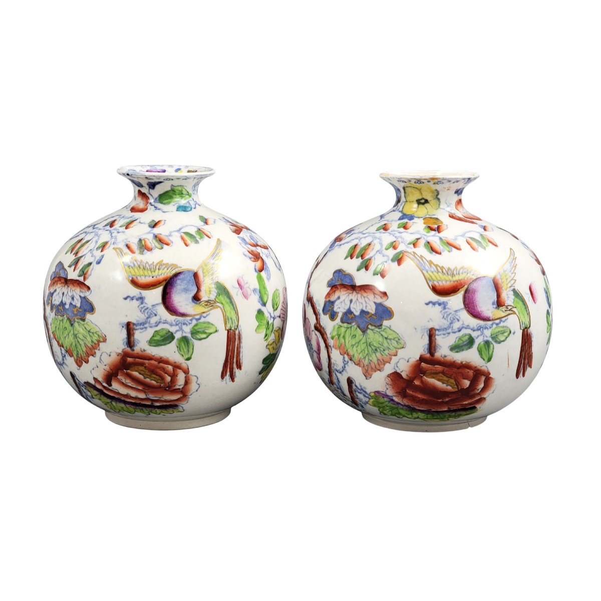 Pair Of Mason’s Ironstone Posy Vases In The Bird And Peony Pattern, Circa 1900-photo-3