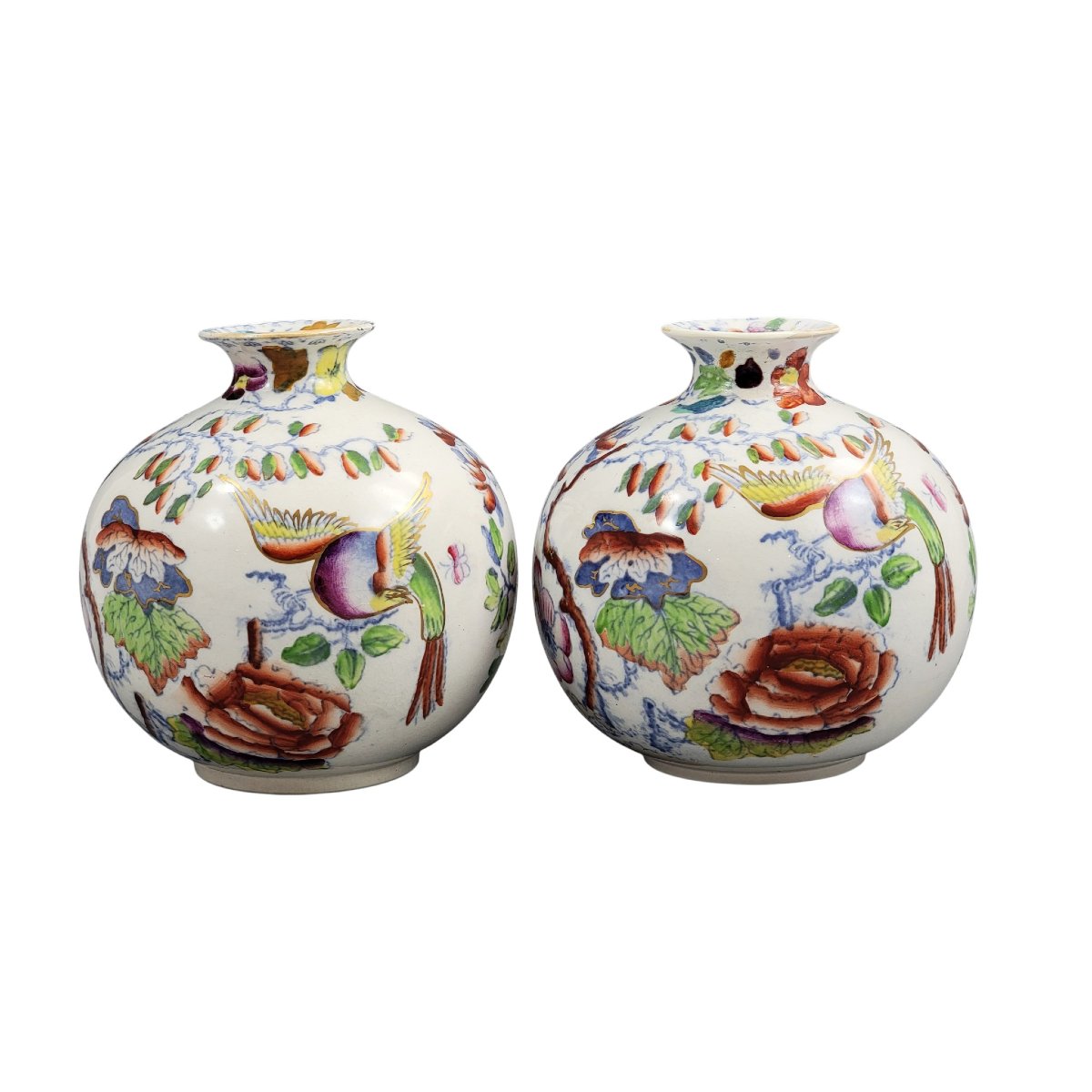 Pair Of Mason’s Ironstone Posy Vases In The Bird And Peony Pattern, Circa 1900-photo-2