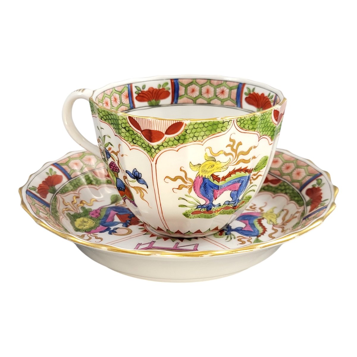 Early 19th Century Worcester Porcelain Cup And Saucer, Dragon Compartments, C.1815-photo-2