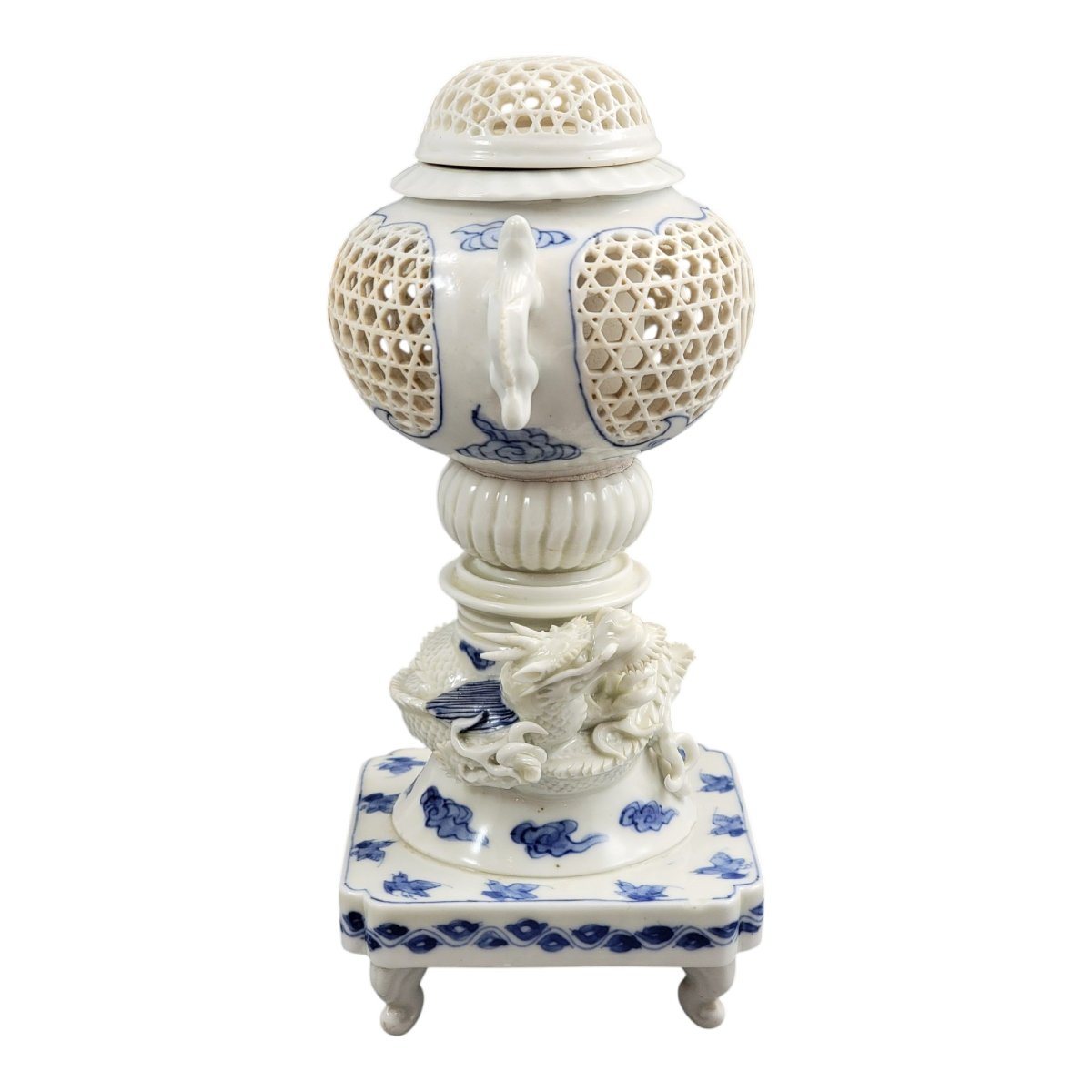 Hirado Blue And White Porcelain Koro With Dragon, Meiji Japan, C.1880-photo-1