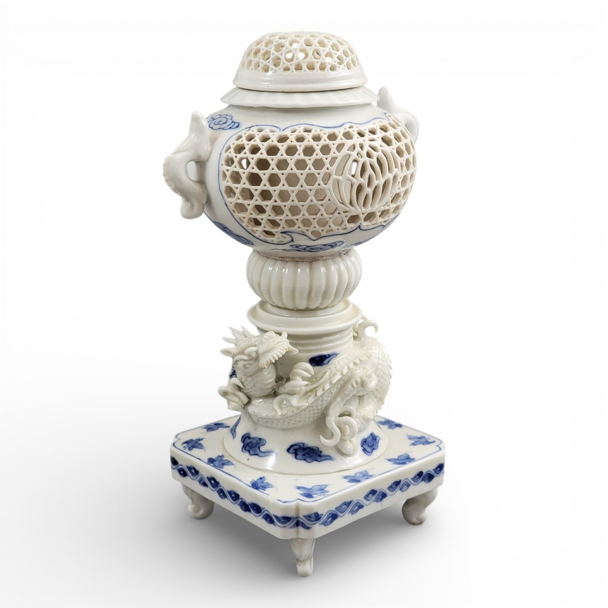 Hirado Blue And White Porcelain Koro With Dragon, Meiji Japan, C.1880