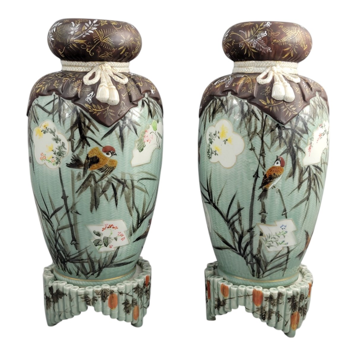 Sovereign Pair Of Meiji Period Seto Porcelain Vases By Kato Sanhei On Original Matching Porce-photo-2