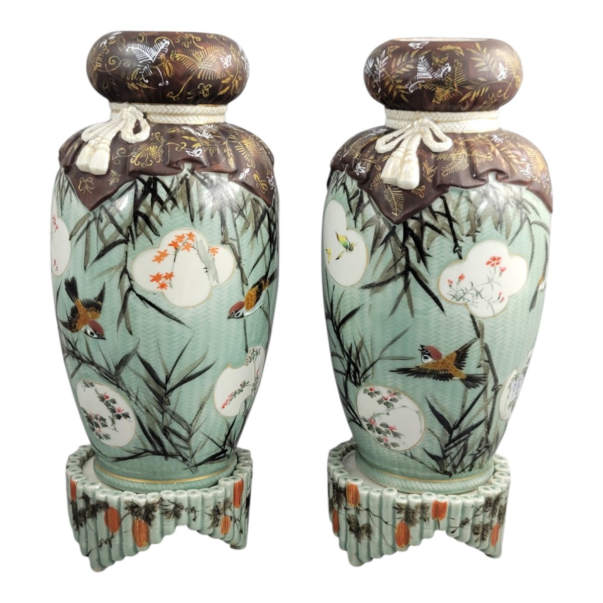 Sovereign Pair Of Meiji Period Seto Porcelain Vases By Kato Sanhei On Original Matching Porce-photo-3
