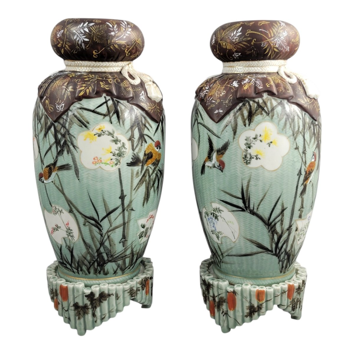Sovereign Pair Of Meiji Period Seto Porcelain Vases By Kato Sanhei On Original Matching Porce-photo-4