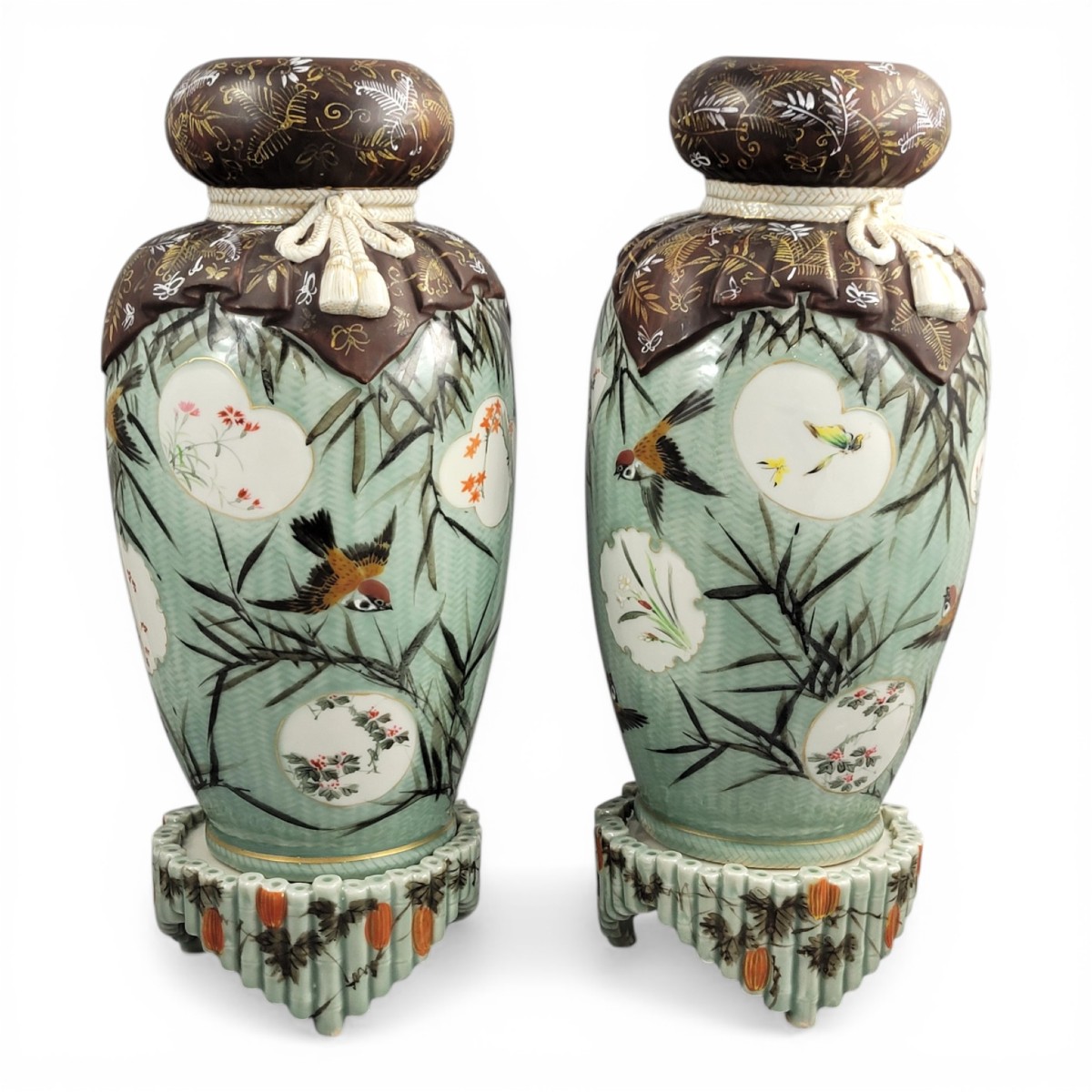 Sovereign Pair Of Meiji Period Seto Porcelain Vases By Kato Sanhei On Original Matching Porce
