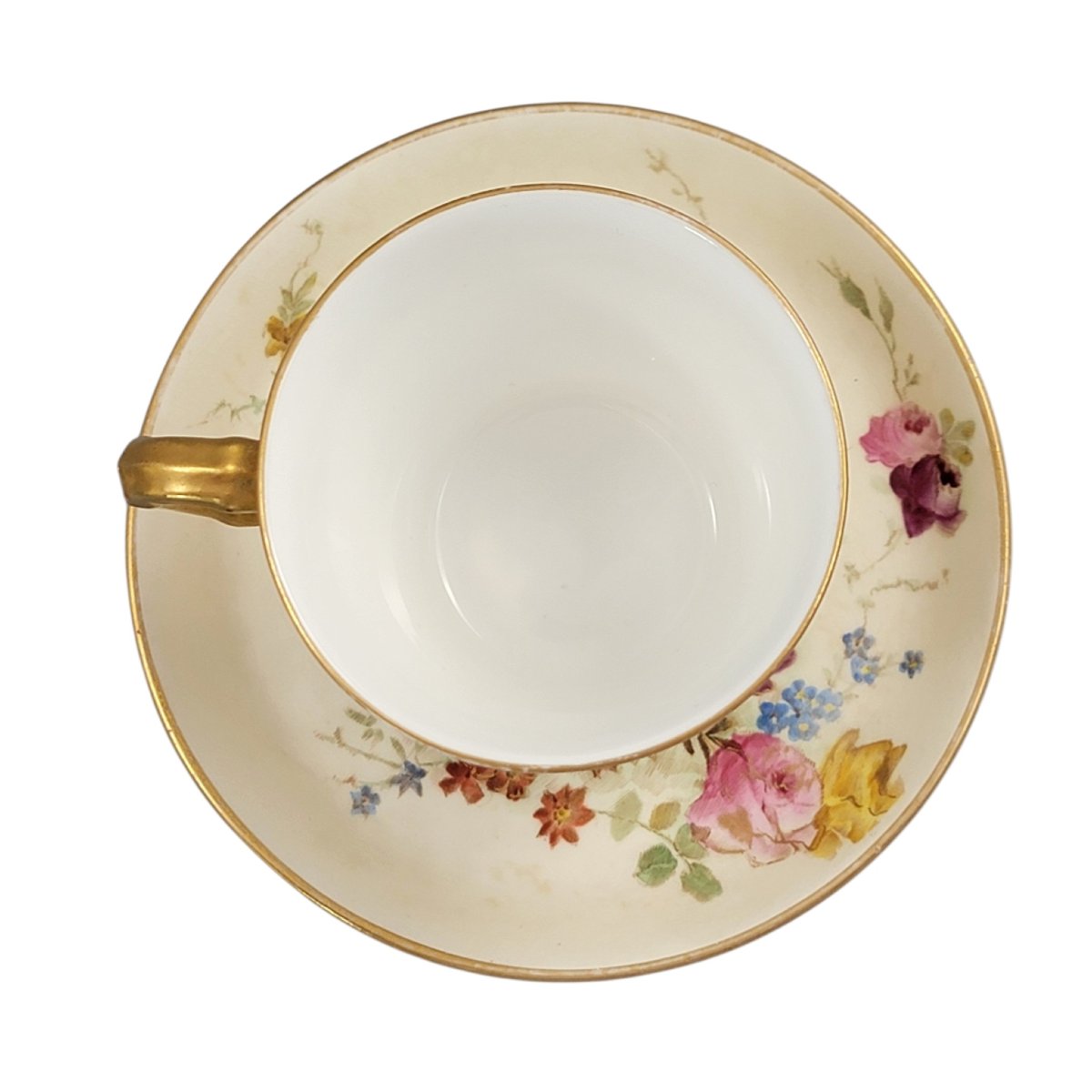 Service à thé Royal Worcester en porcelaine blush ivory, théière tasse et soucoupe, vers 1893-photo-1
