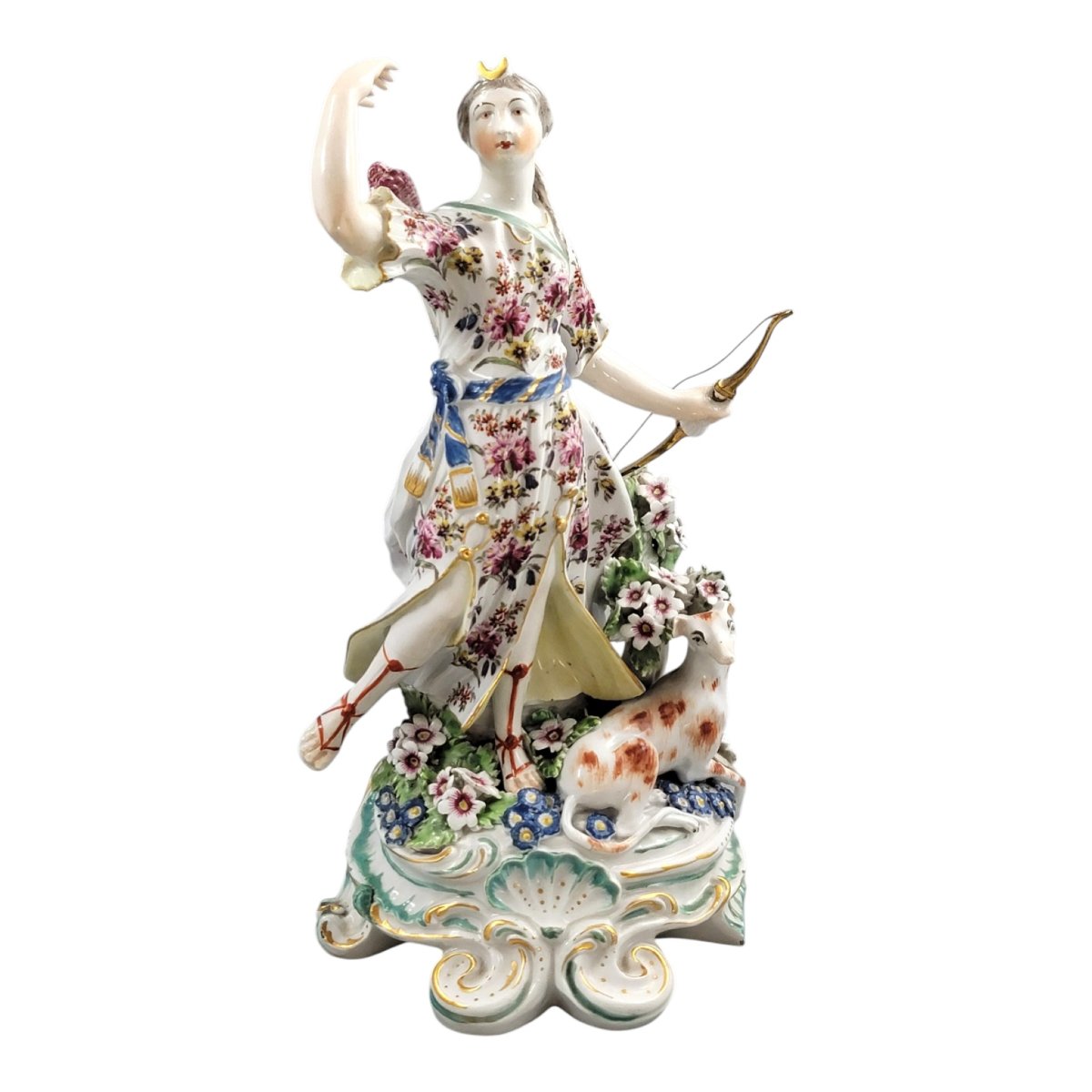 Figure en porcelaine de Derby représentant Diane avec chien de chasse, période Patch, vers 1760-photo-3