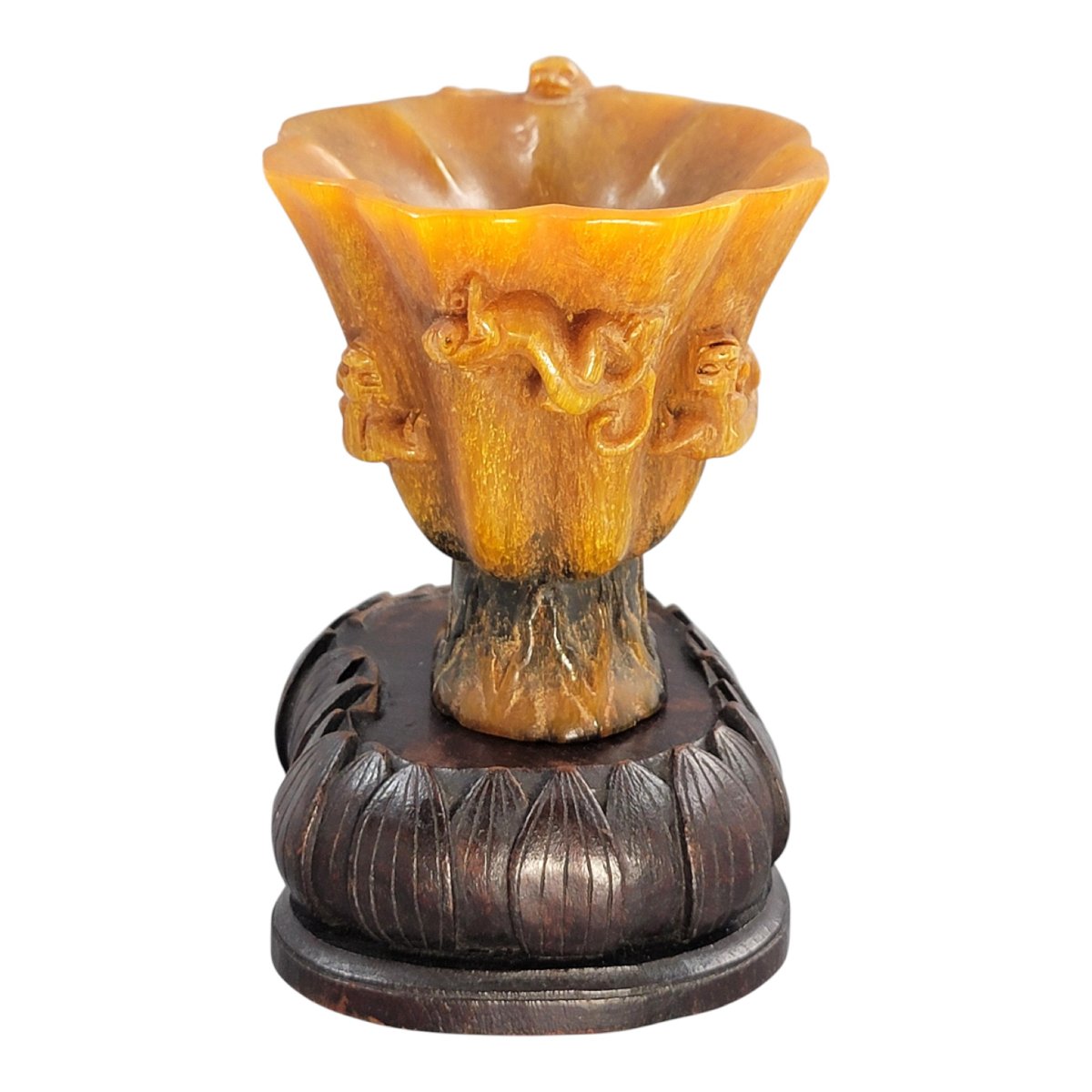 Chinese Carved Buffalo Horn Libation Cup With Wooden Stand-photo-2