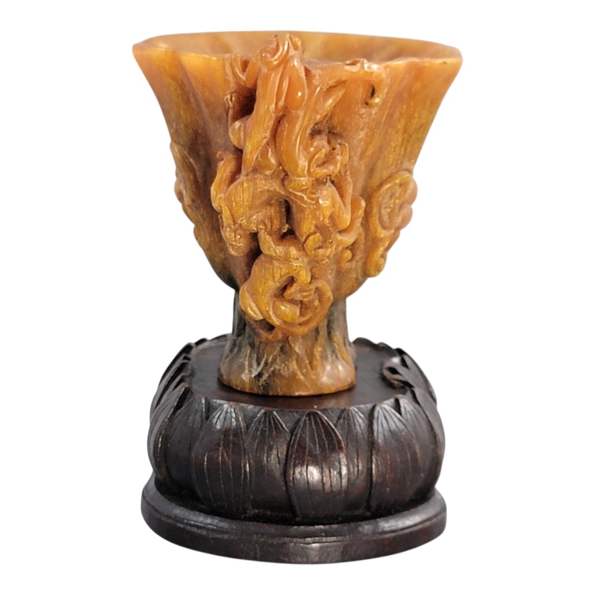 Chinese Carved Buffalo Horn Libation Cup With Wooden Stand-photo-1