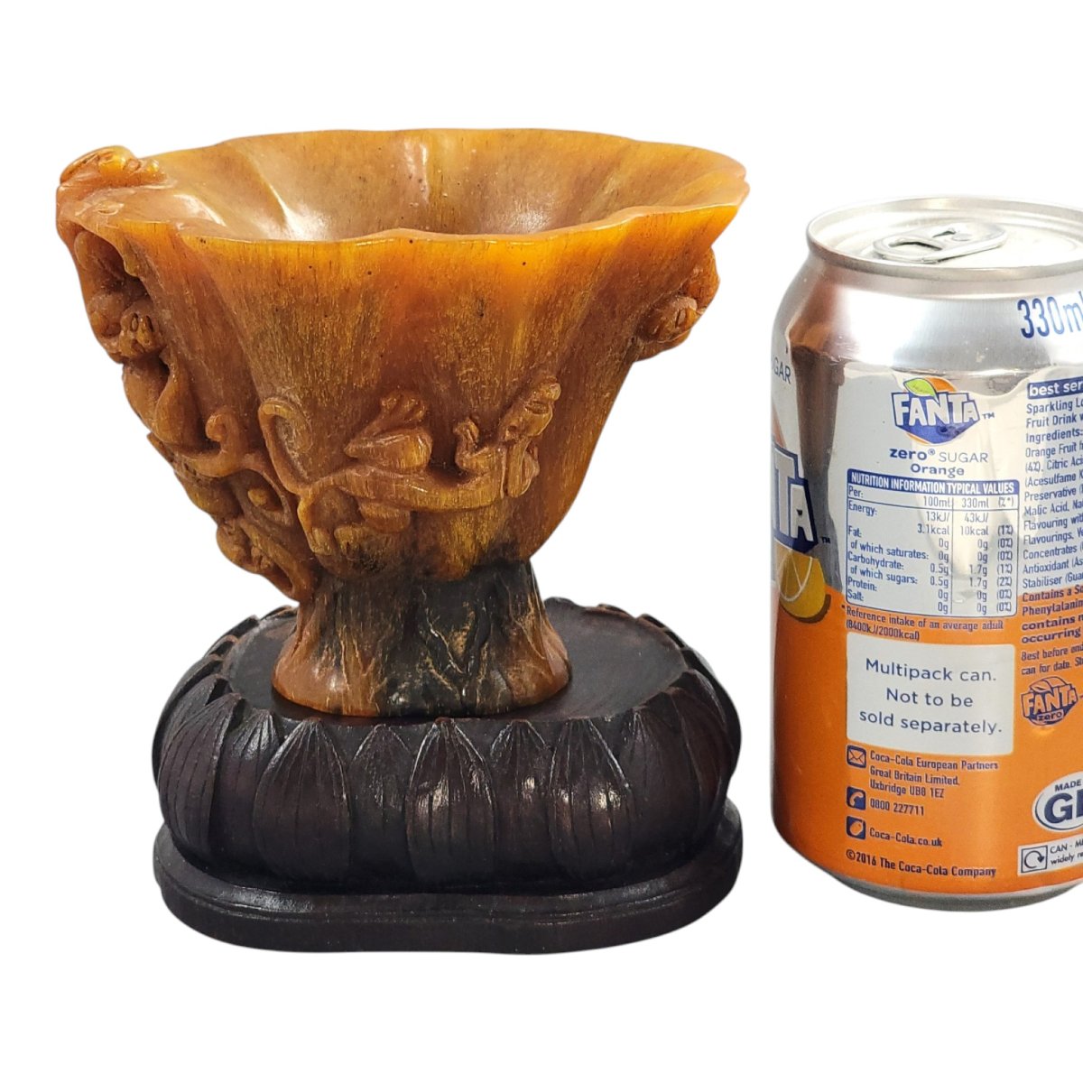 Chinese Carved Buffalo Horn Libation Cup With Wooden Stand-photo-4