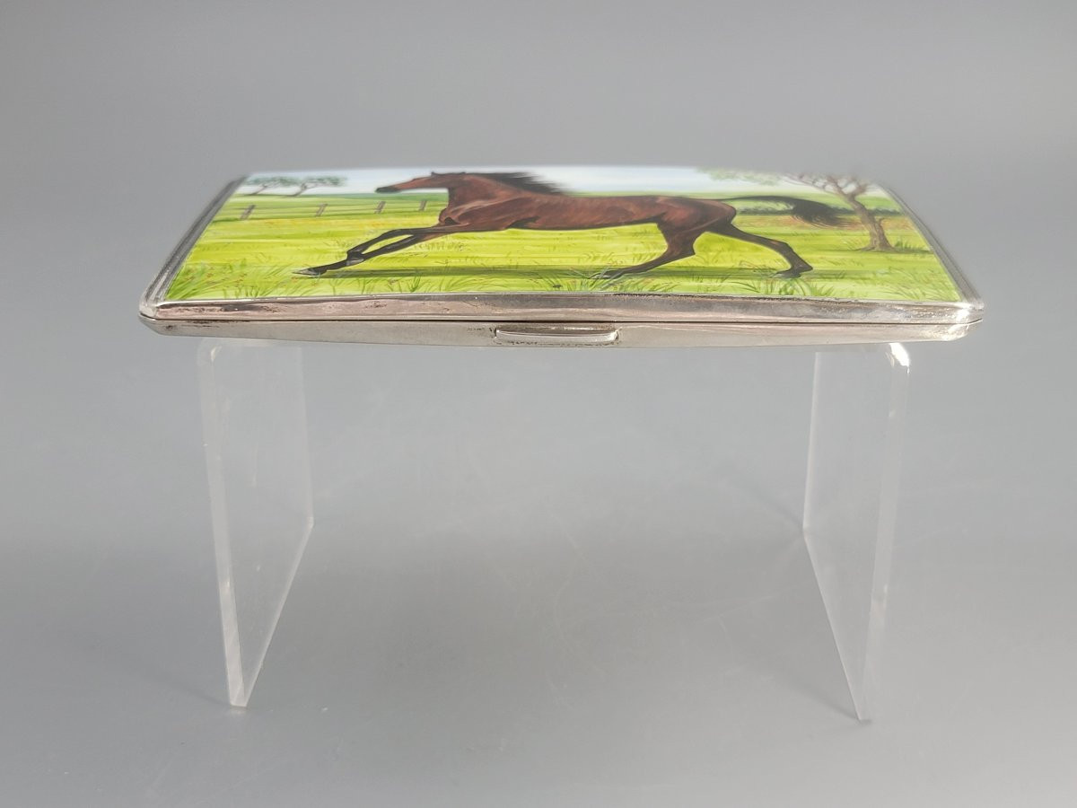 Étui à cigarettes en argent, cheval émaillé, Birmingham 1917-photo-4