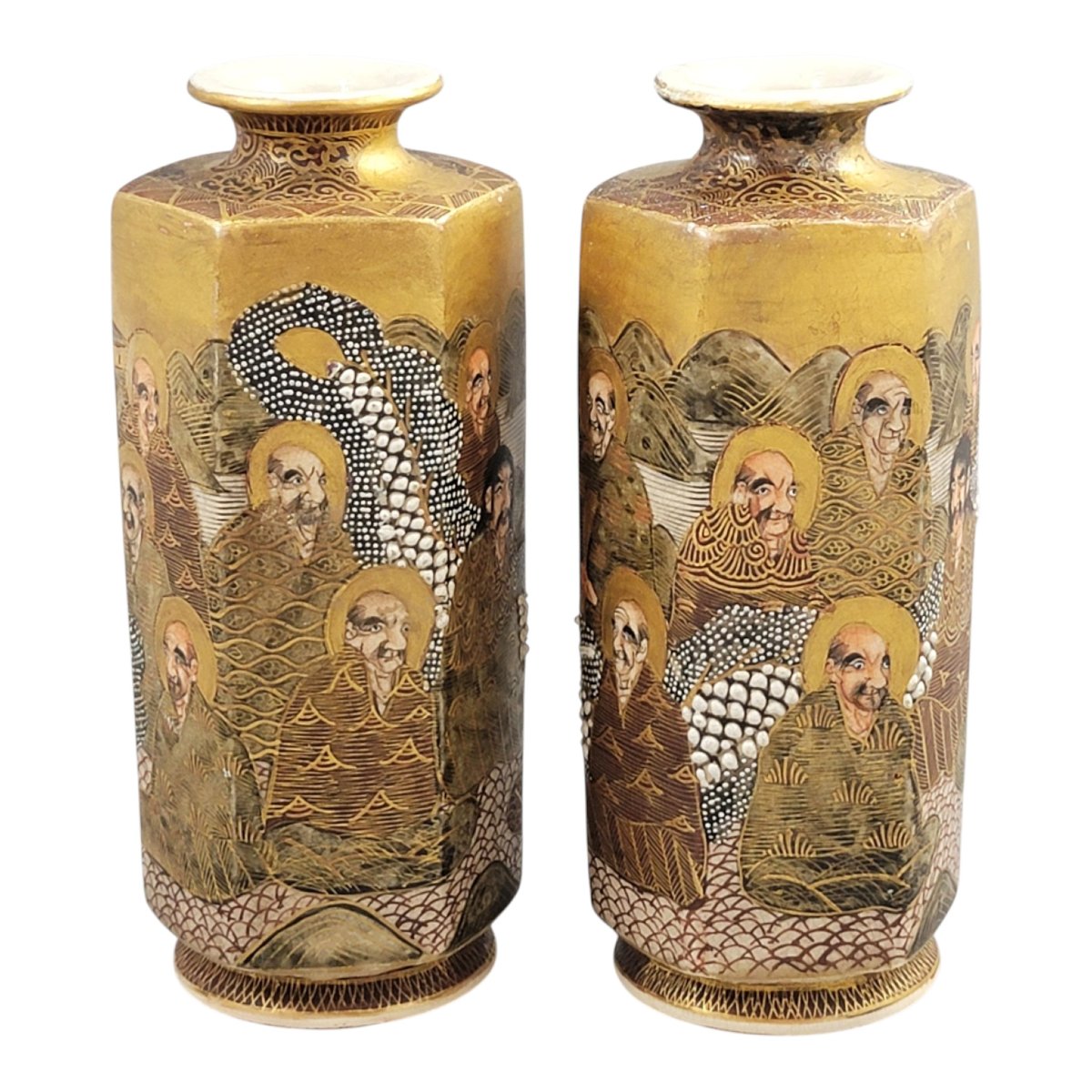 Pair Of Japanese Satsuma Hexagonal Vases With Dragon And Rakan-photo-3