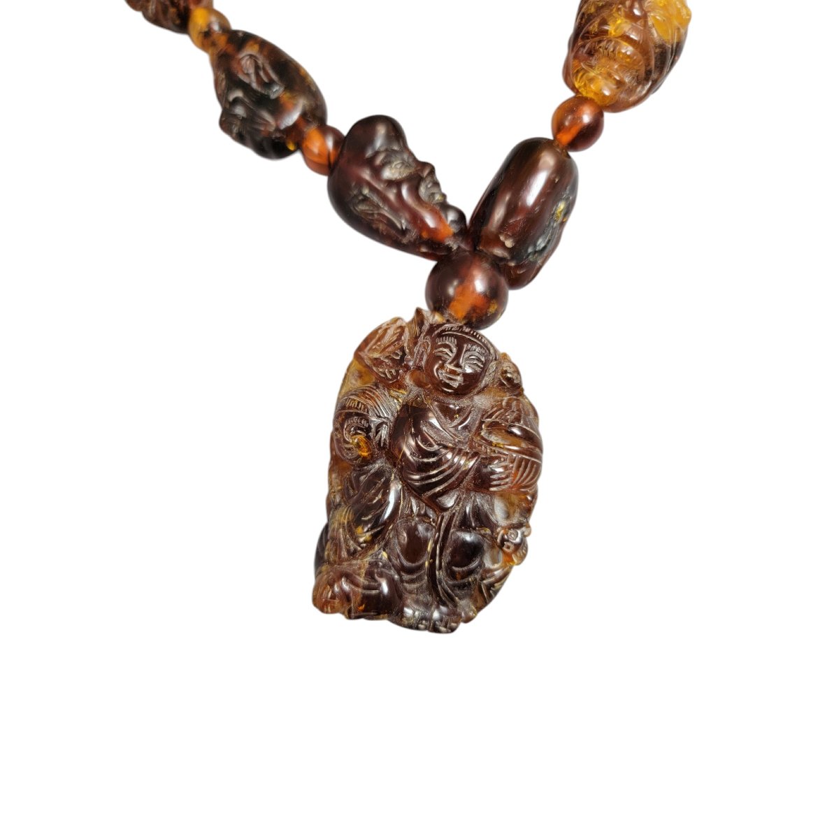 Chinese Amber Necklace With Carved Luohan Heads And Figural Pendant, C. 1870-photo-2