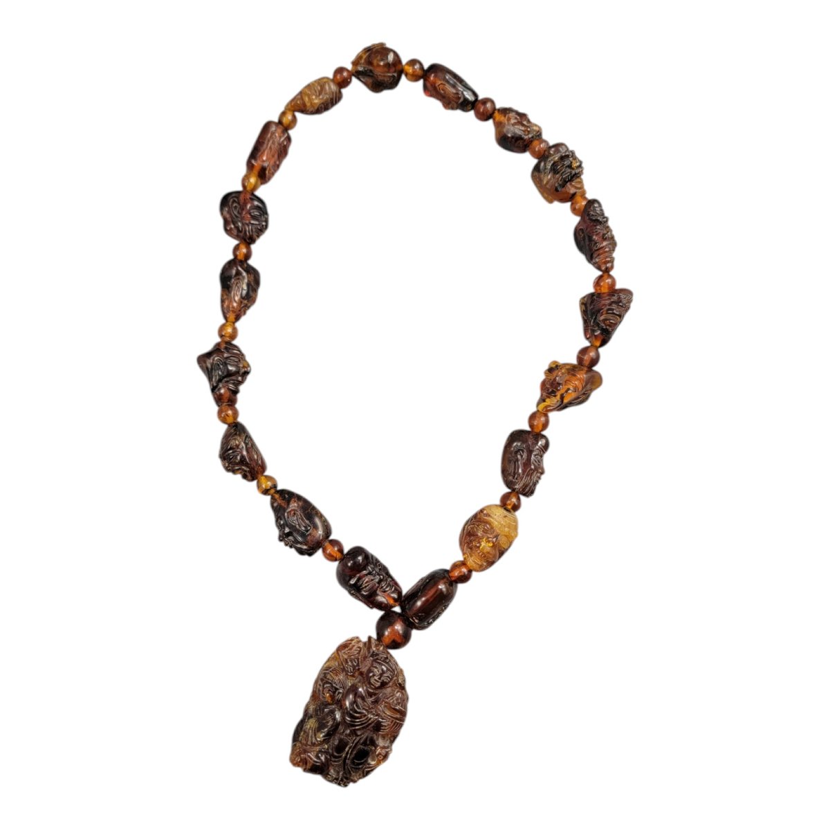 Chinese Amber Necklace With Carved Luohan Heads And Figural Pendant, C. 1870-photo-3