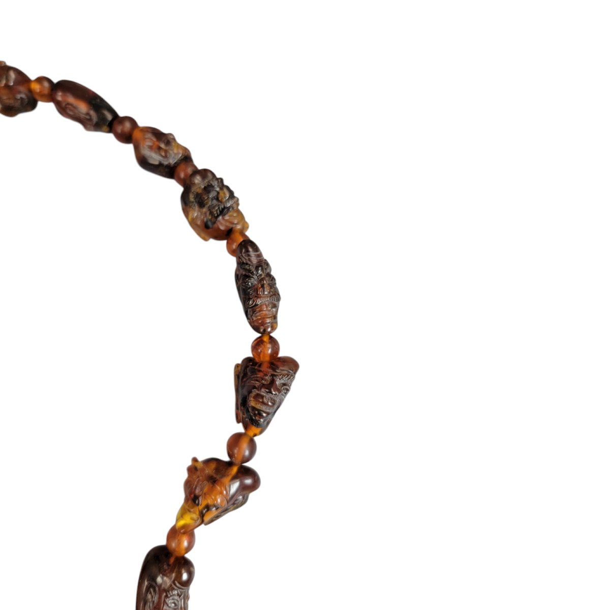 Chinese Amber Necklace With Carved Luohan Heads And Figural Pendant, C. 1870-photo-3