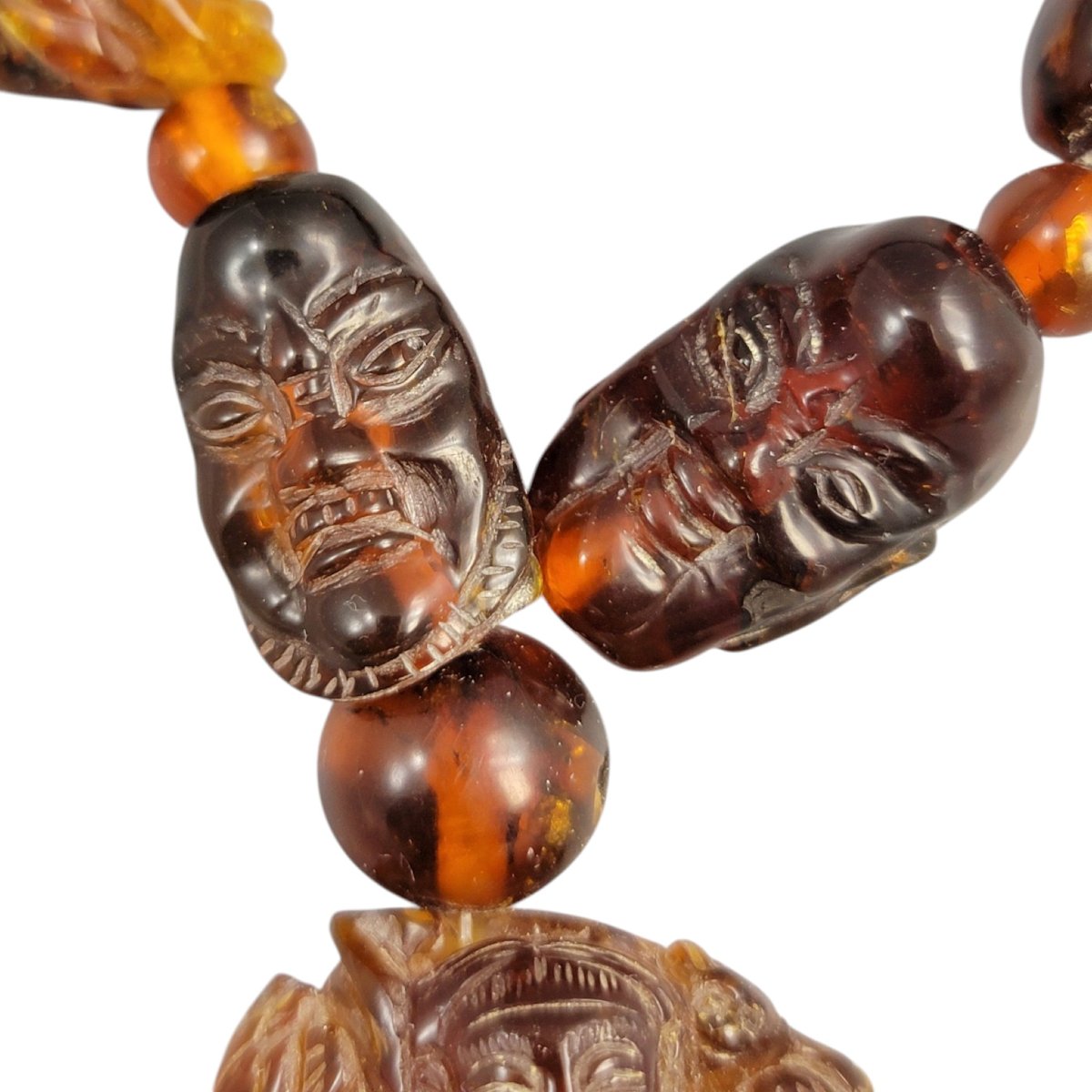 Chinese Amber Necklace With Carved Luohan Heads And Figural Pendant, C. 1870-photo-4