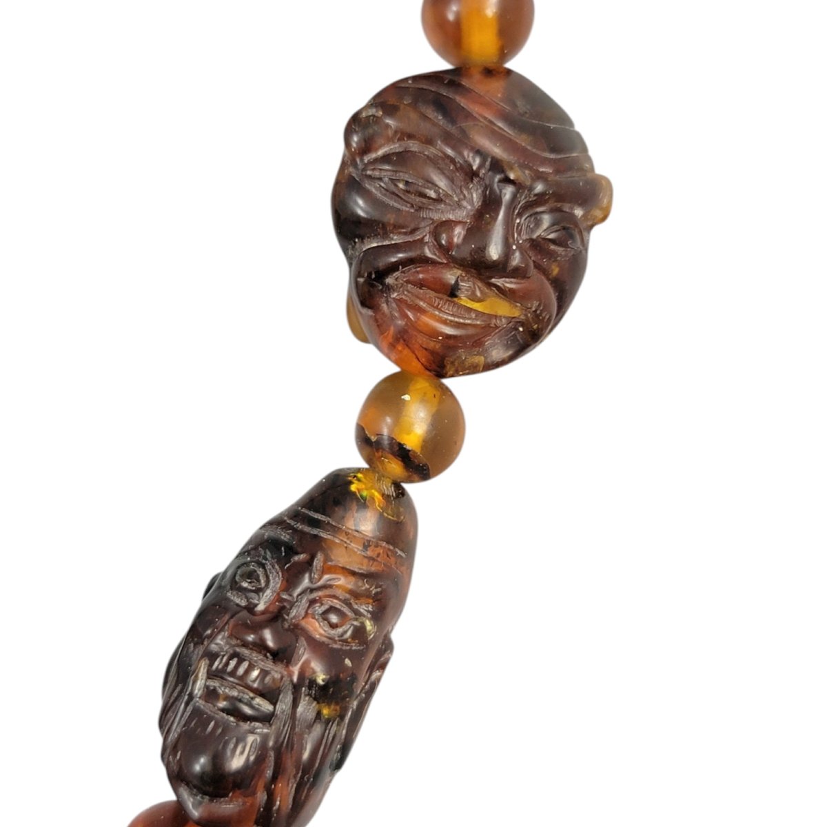 Chinese Amber Necklace With Carved Luohan Heads And Figural Pendant, C. 1870-photo-5