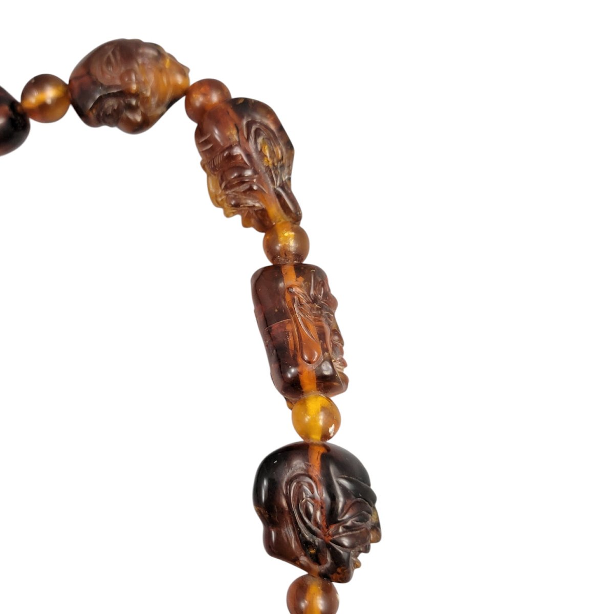 Chinese Amber Necklace With Carved Luohan Heads And Figural Pendant, C. 1870-photo-7
