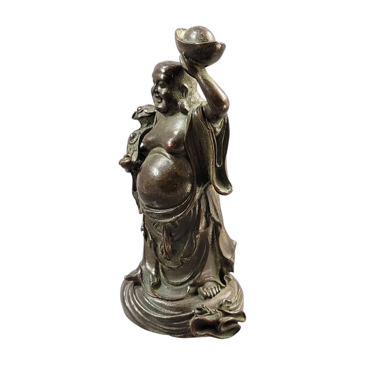 Statuette en bronze de Budai avec yuanbao et sceptre ruyi, vers 1900-photo-2