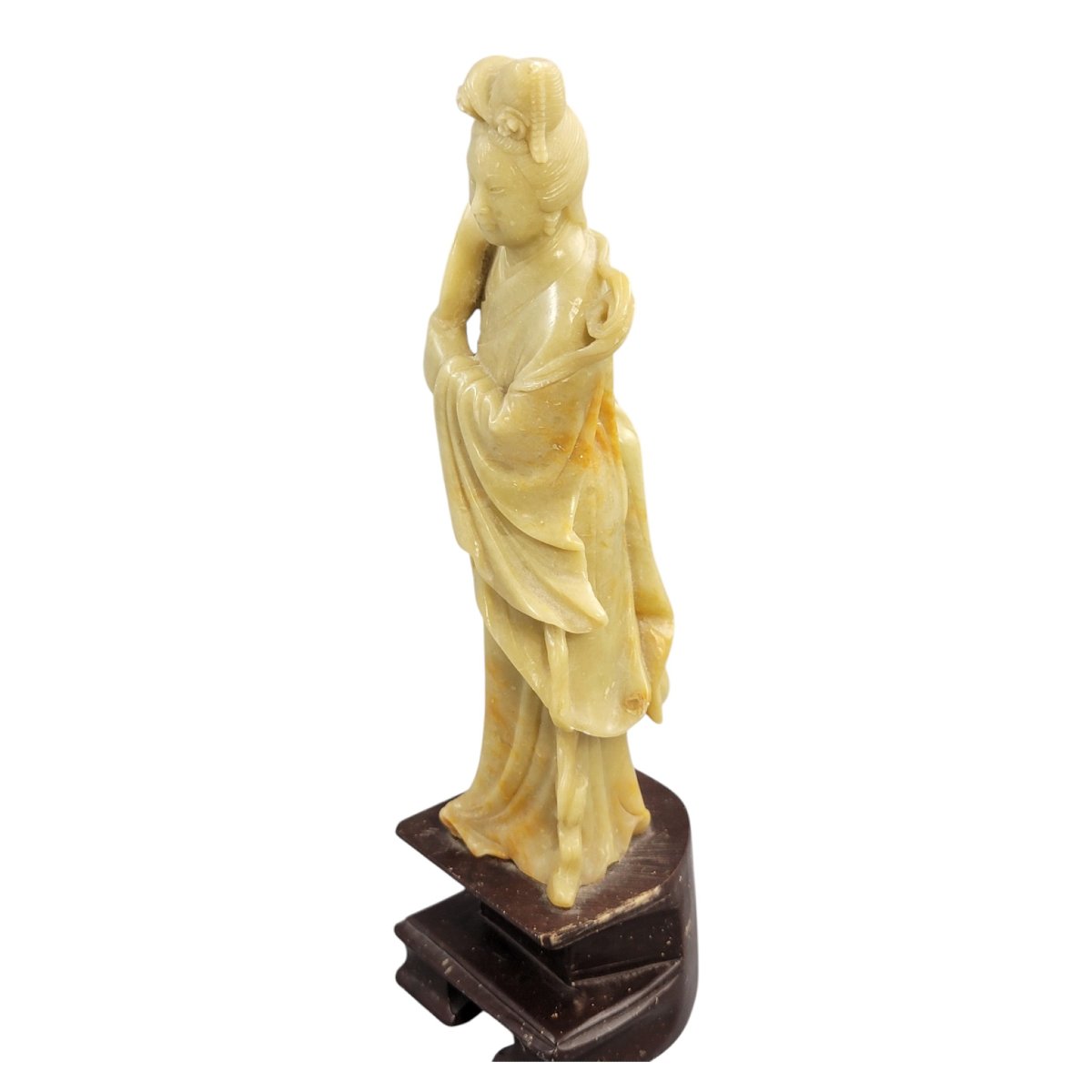 Figure chinoise en stéatite représentant Guanyin à l’éventail rond-photo-2