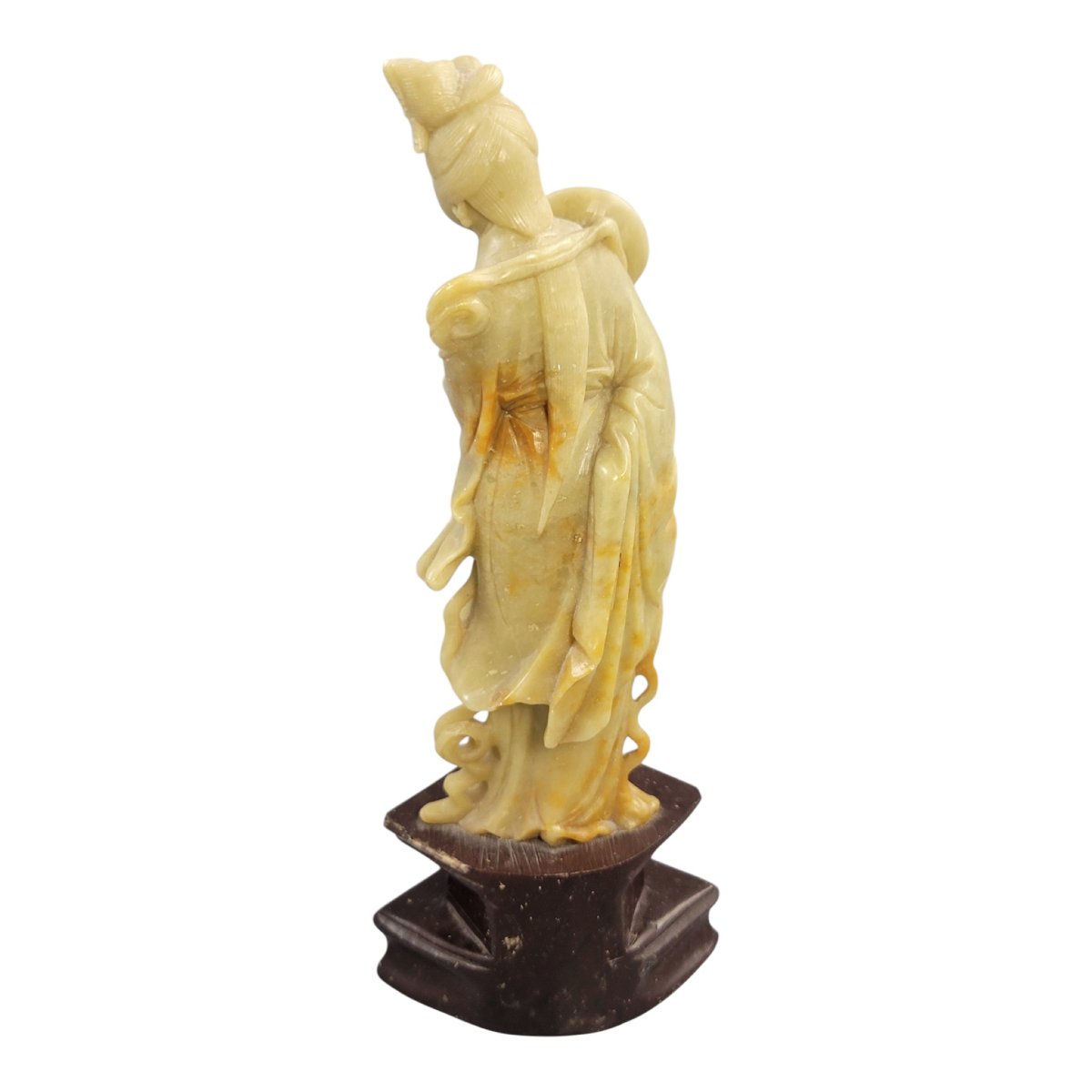 Figure chinoise en stéatite représentant Guanyin à l’éventail rond-photo-3