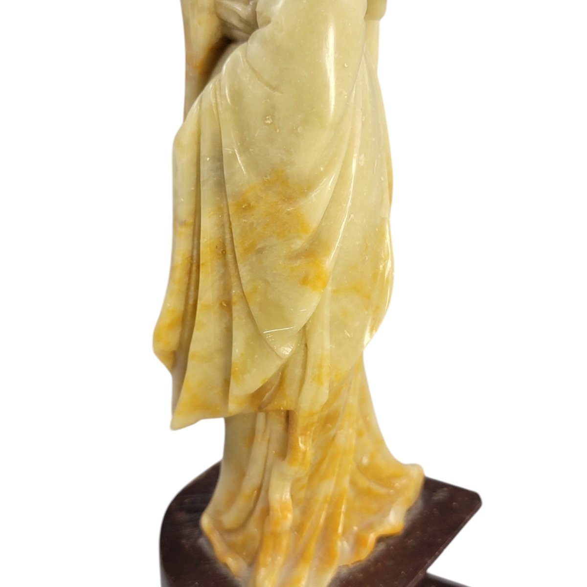 Figure chinoise en stéatite représentant Guanyin à l’éventail rond-photo-4