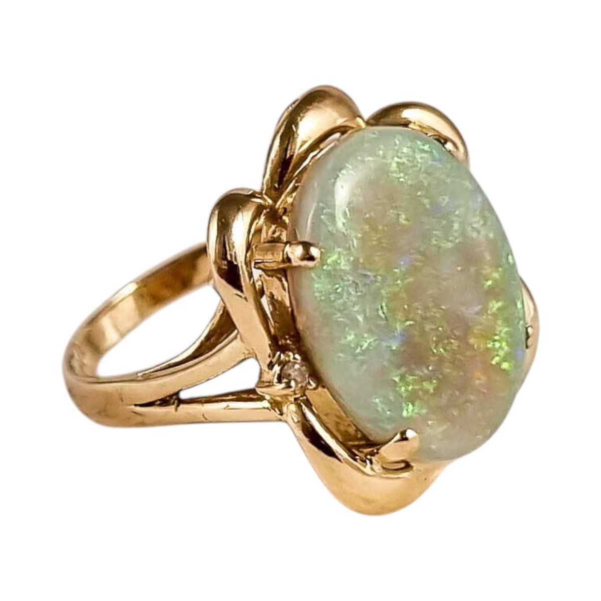 Bague en or jaune 14 carats, opale solide et diamants, XXe siècle-photo-2