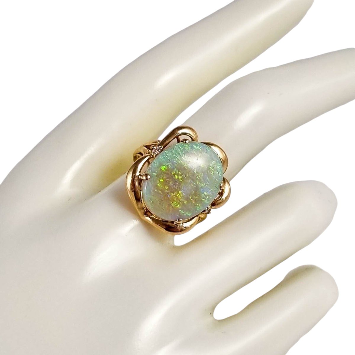 Bague en or jaune 14 carats, opale solide et diamants, XXe siècle-photo-4