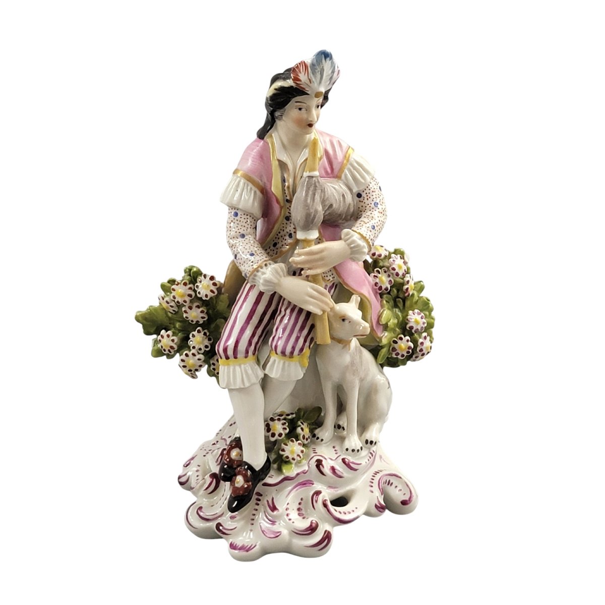 Figure en porcelaine Derby joueur de cornemuse assis, modèle 301 vers 1760-photo-4