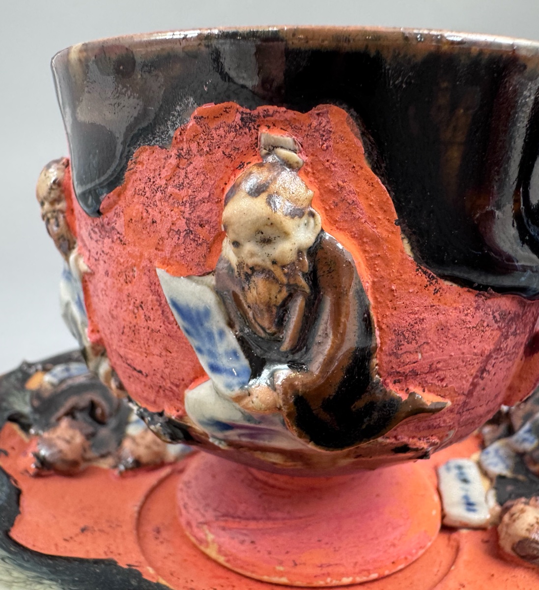 Japanese Sumida Gawa Cup And Saucer With Applied Sage Figures, Attributed To Ishiguro Kōko -photo-1