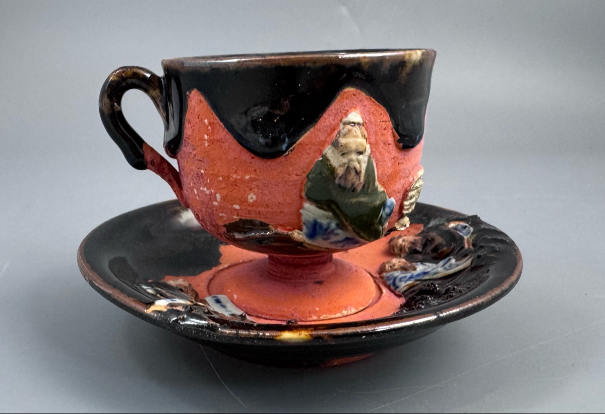 Japanese Sumida Gawa Cup And Saucer With Applied Sage Figures, Attributed To Ishiguro Kōko 