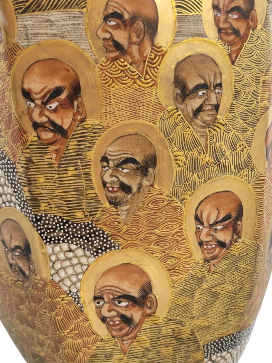 Grand vase Satsuma par Hotoda, 1000 arhats et dragon, époque Meiji-photo-7