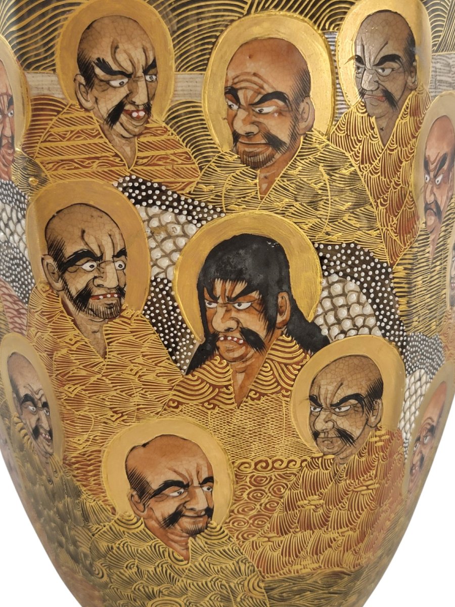 Grand vase Satsuma par Hotoda, 1000 arhats et dragon, époque Meiji-photo-8