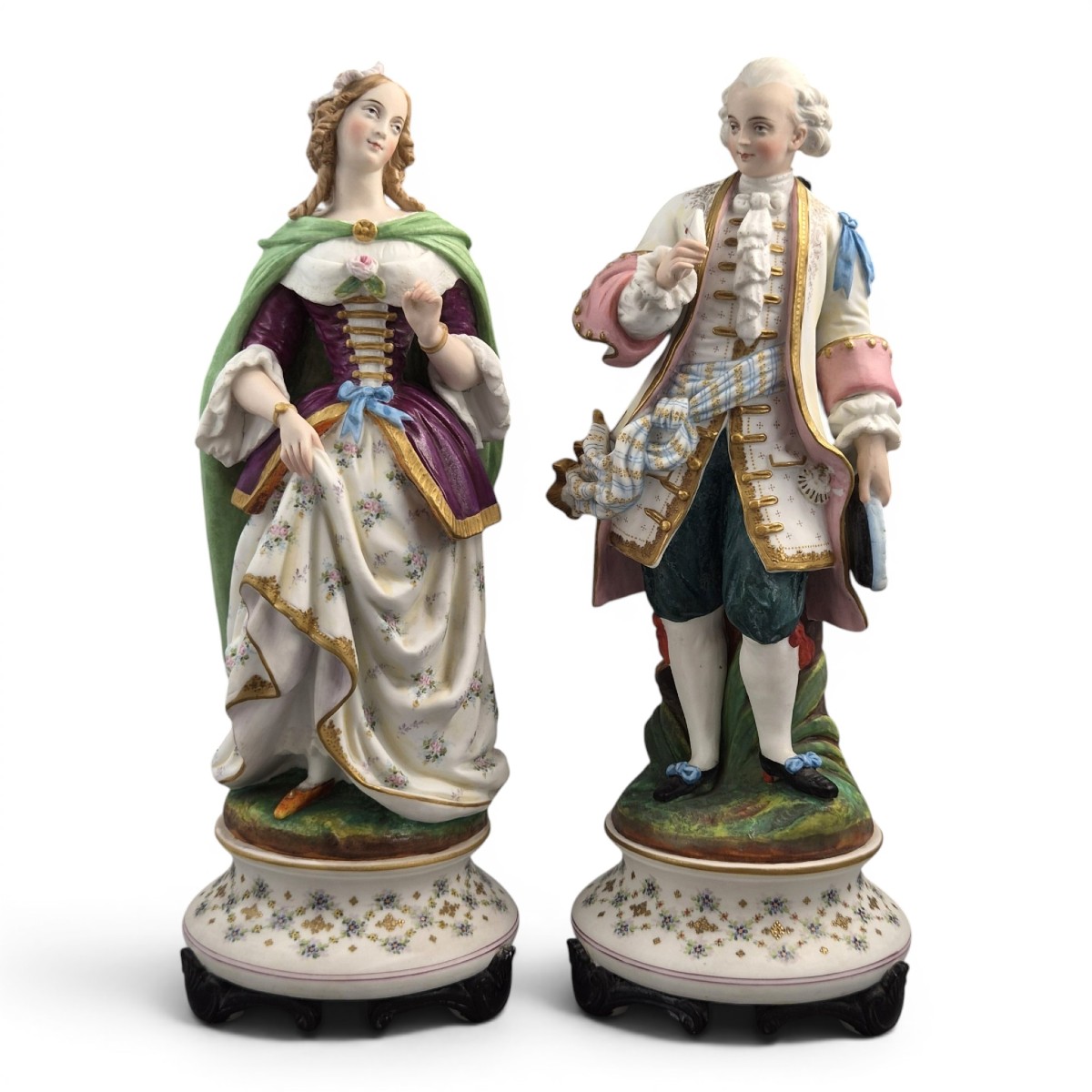 Large Letu & Mauger Paris Romantic Biscuit Porcelain Figures Pair, C1860s