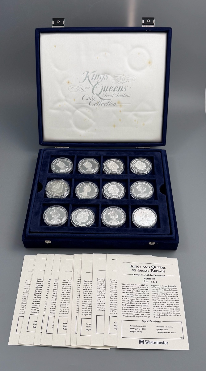 "kings And Queens Of Great Britain" Silver Proof Coin Collection, Westminster Mint, 12 Coins, C