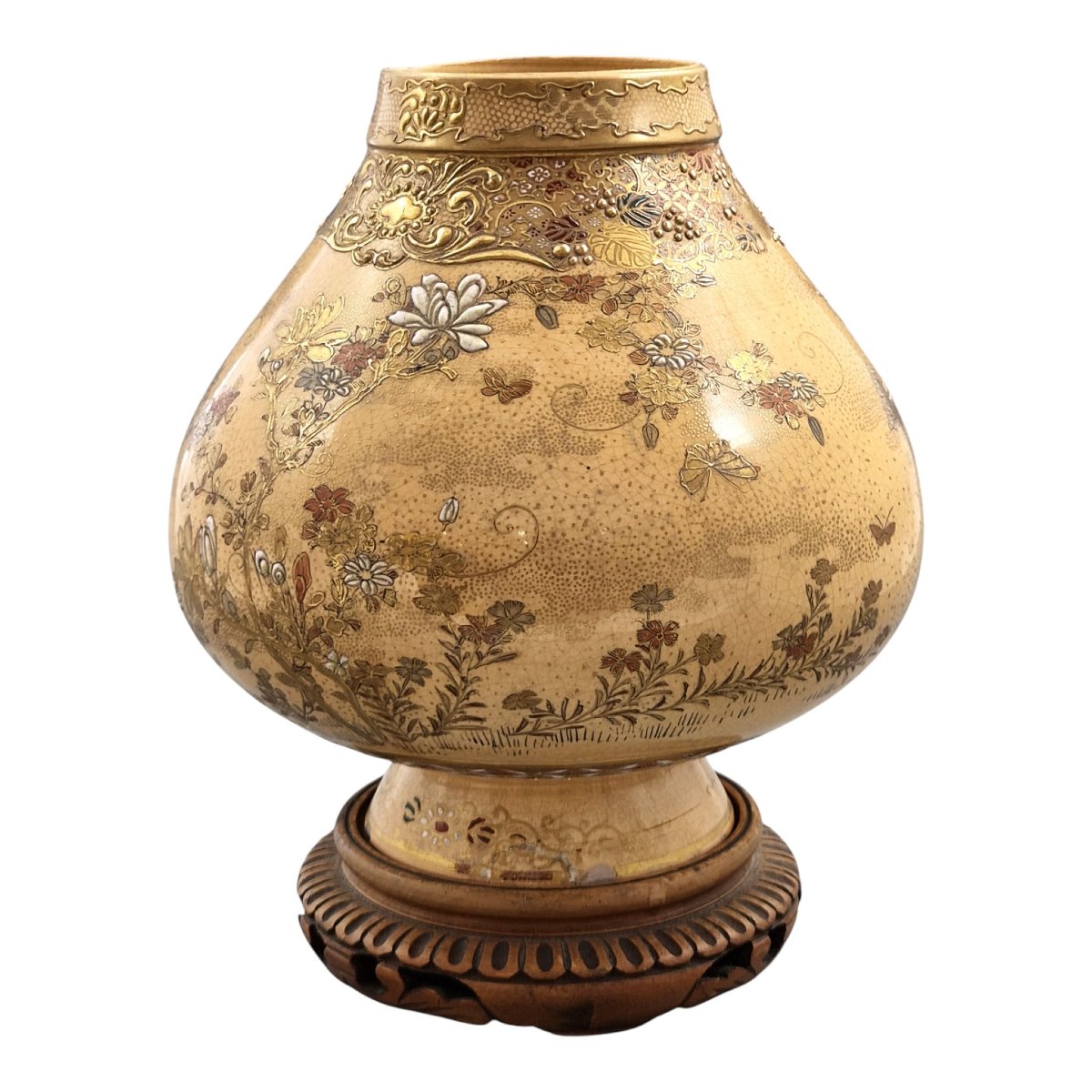 Vase Satsuma de Kyoto époque Meiji, atelier Kinkōzan, avec socle-photo-2
