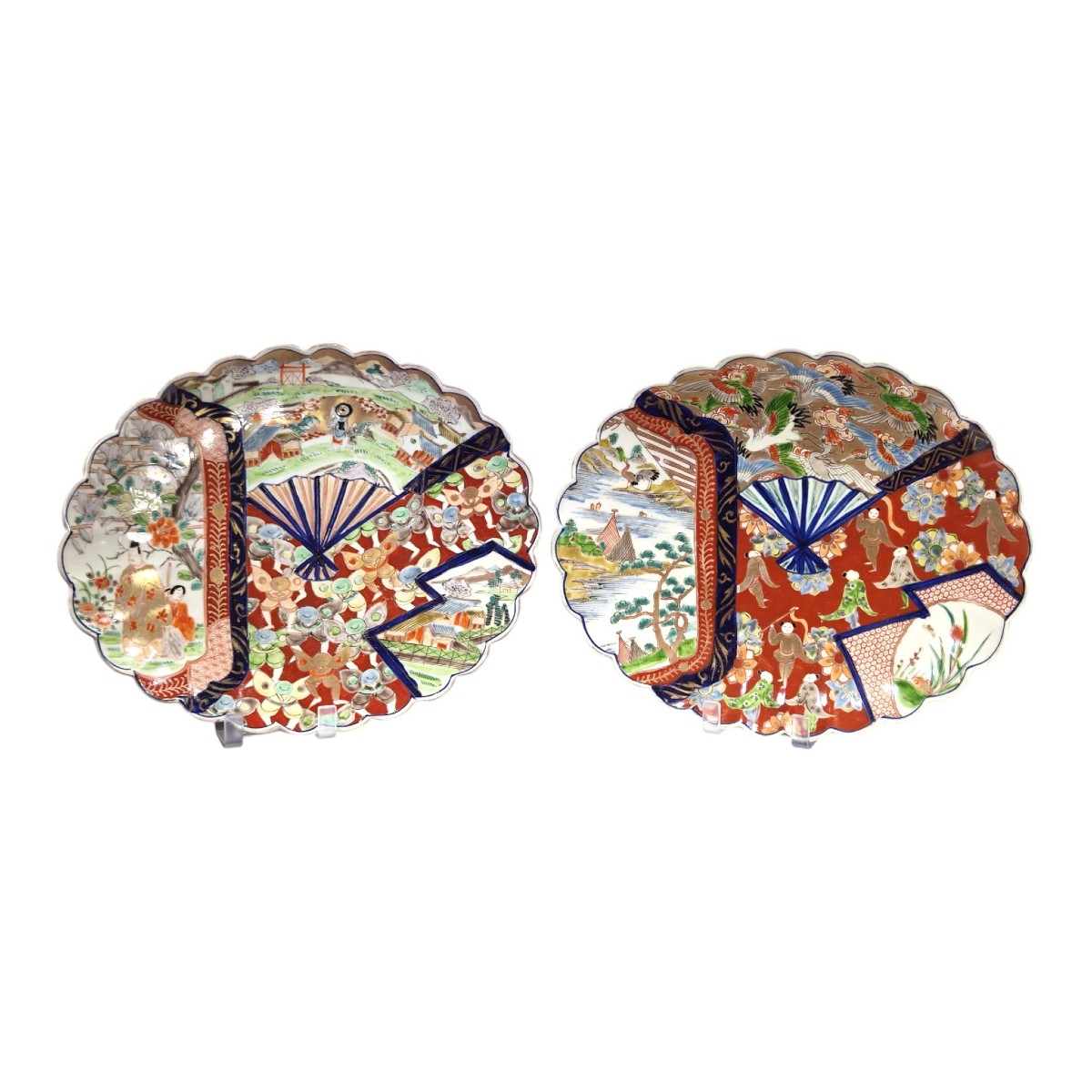 Pair Of Japanese Arita Imari Porcelain Scalloped Charger Plates, C.1880-1900