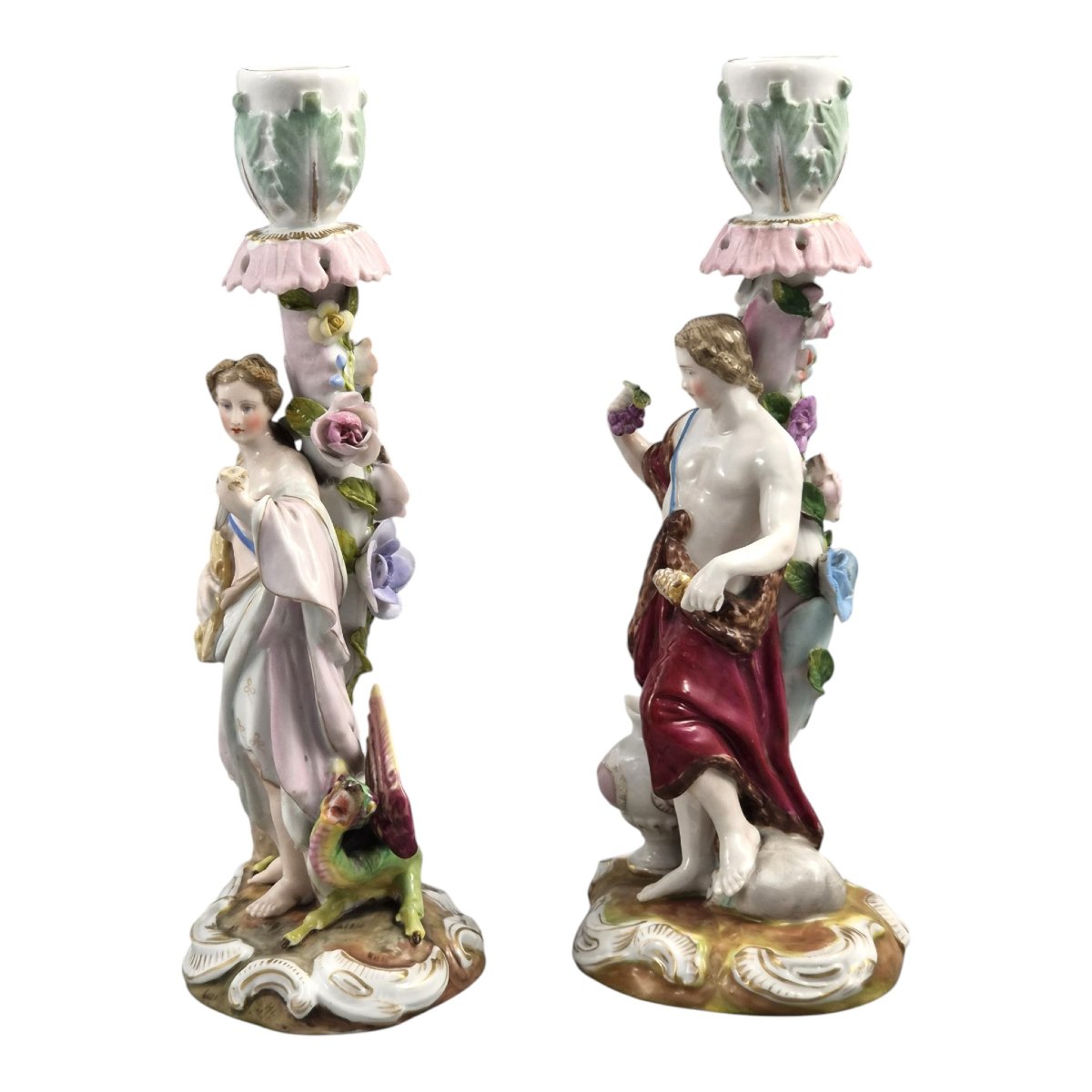 Volkstedt R. Eckert & Co. Allegorical Porcelain Candlesticks C.1895-photo-2