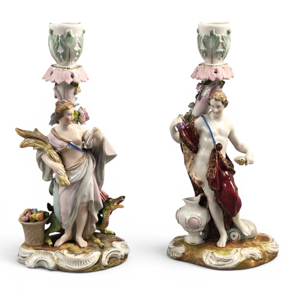 Volkstedt R. Eckert & Co. Allegorical Porcelain Candlesticks C.1895