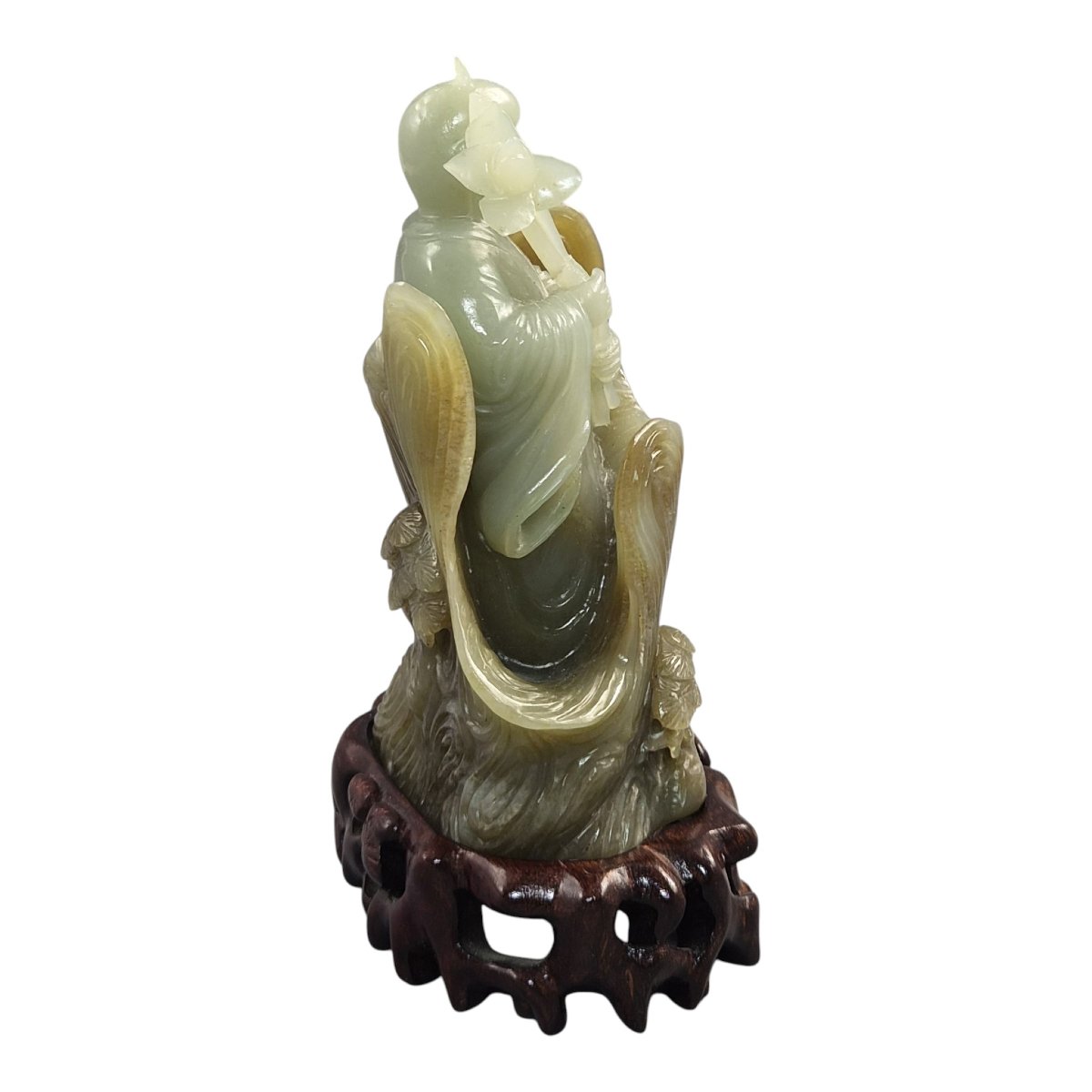 Large Chinese Carved Jadeite Figure With Lotus, Late Qing / Early Republic-photo-2
