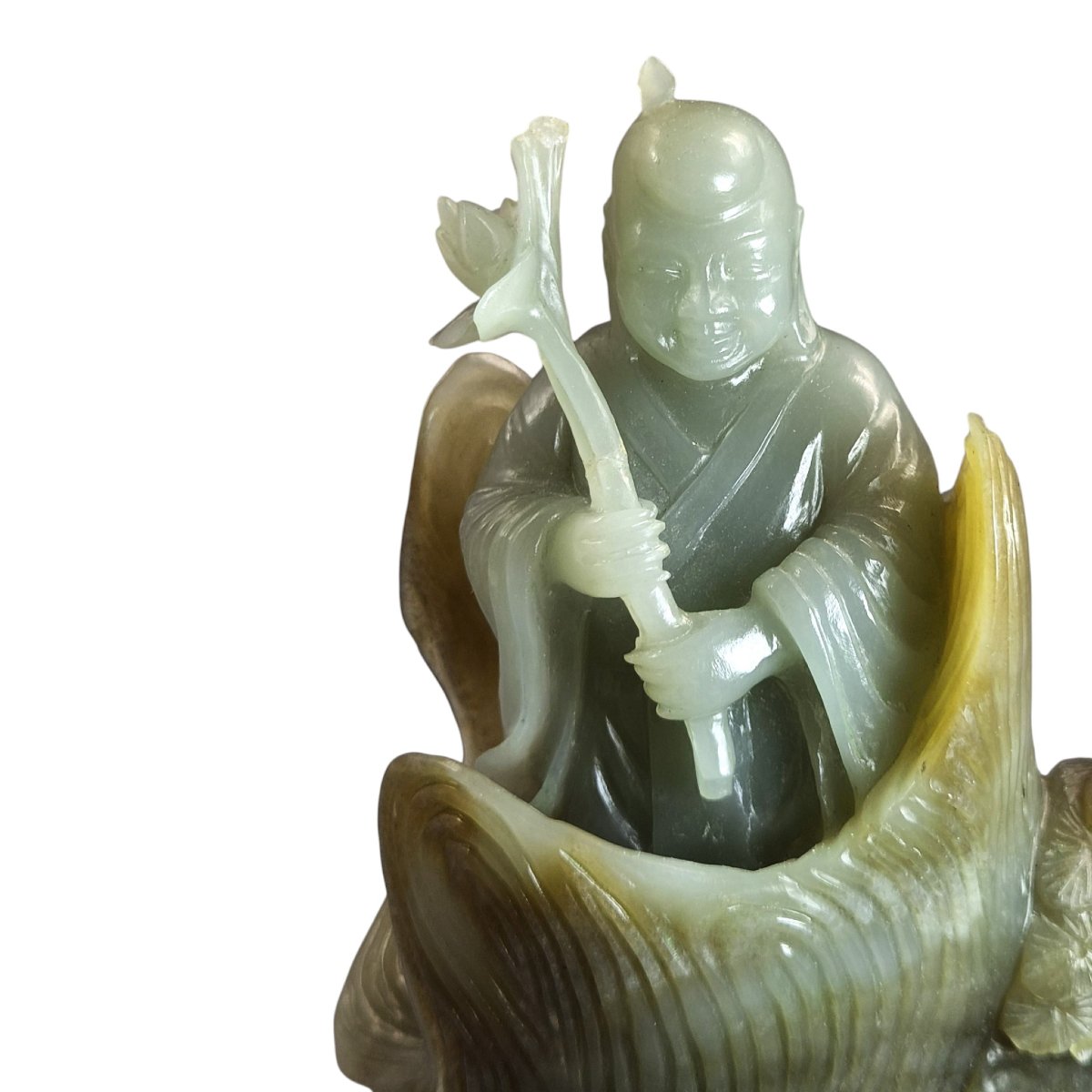 Large Chinese Carved Jadeite Figure With Lotus, Late Qing / Early Republic-photo-4