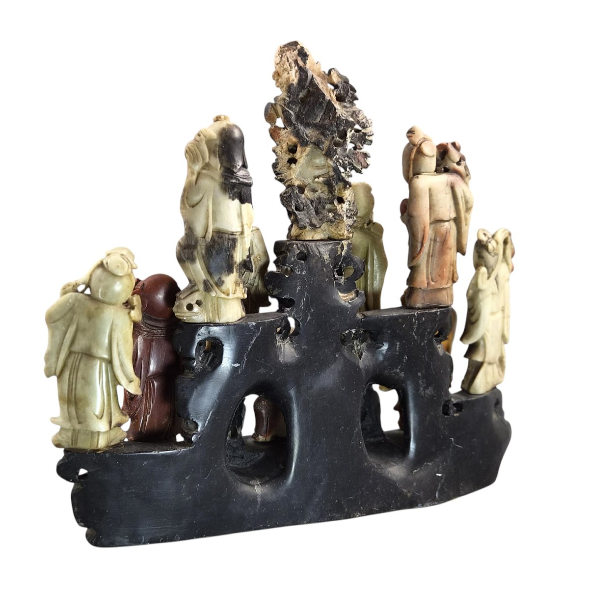 Large Chinese Carved Soapstone Immortals Group, Chinoiserie Sculpture, Early 20th Century-photo-2