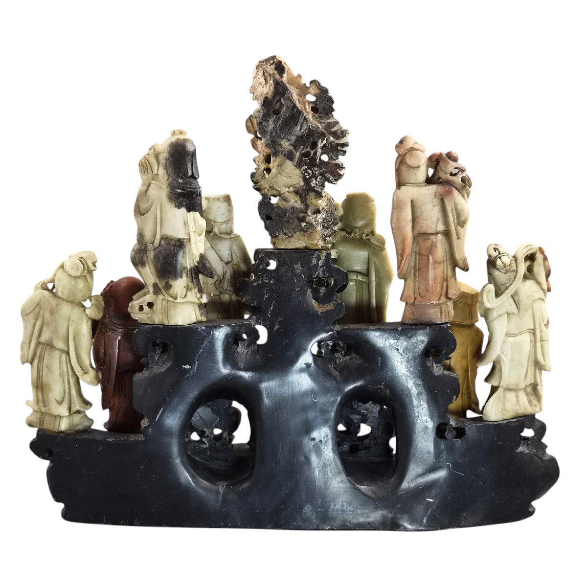 Large Chinese Carved Soapstone Immortals Group, Chinoiserie Sculpture, Early 20th Century-photo-3